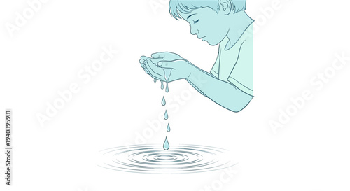 Illustration of a character holding water in their hands with droplets falling into a pool, symbolizing clean water for World Water Day on a simple background, promoting a global event for