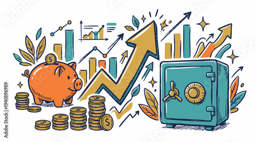 Dynamic hand-drawn illustration of financial growth, secure savings, and smart investment strategies, with a piggy bank, coin stacks, a safe, and upward trending graphs