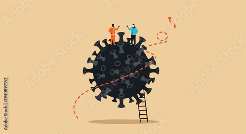 Virus Concept. Two People Standing on Coronavirus. Ladder and Path. 3D Illustration.