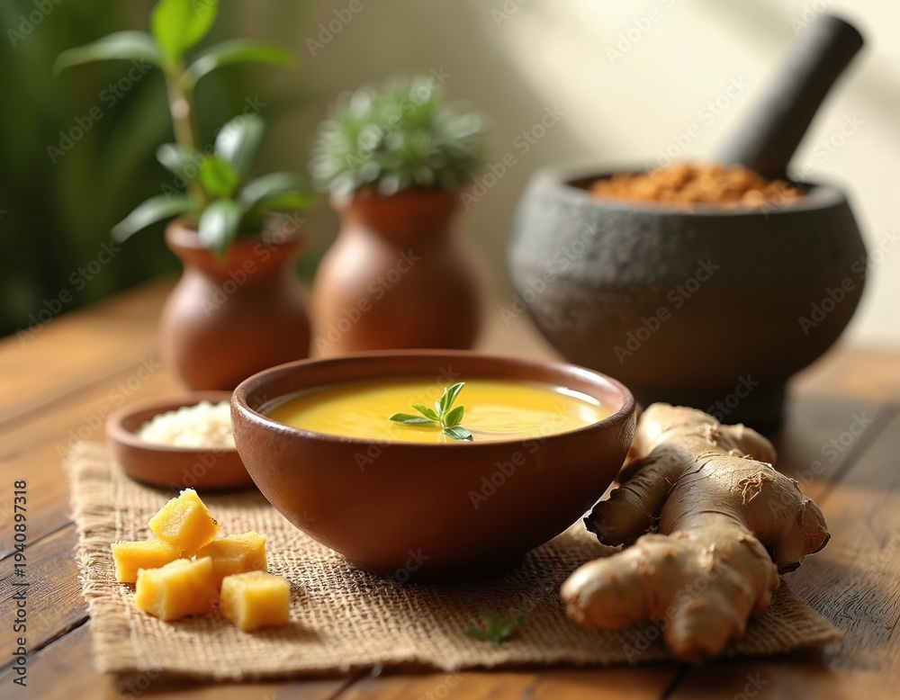 Fototapeta premium Ayurvedic kadha herbal drink in bowl with ginger root mortar and pestle. Yellow liquid for wellness and immunity support. Natural home remedy.