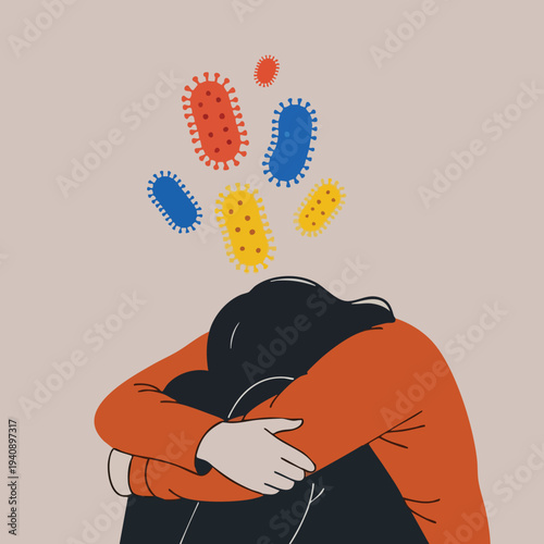 Woman feeling stressed and anxious with virus symbols above her head.
