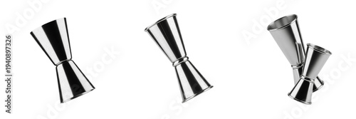 Photos Set and collection of professional stainless steel dual cocktail jiggers and dou