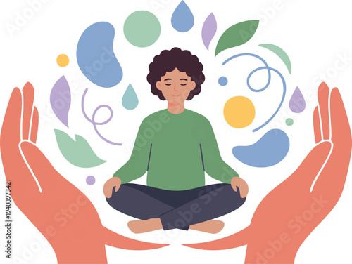 Mental health concept illustration showing calm person meditating peacefully surrounded by supportive hands and abstract elements representing well-being