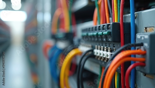 Close view of electrical panel with colored wires connected to breakers and terminals. Power distribution system inside building. Modern tech infrastructure and safety.