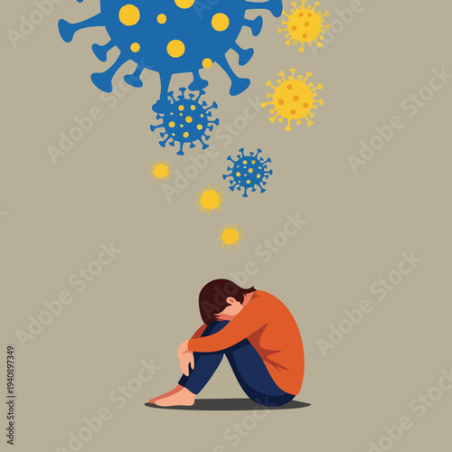 Sadness and Fear of Coronavirus. Person sitting alone, overwhelmed by virus.