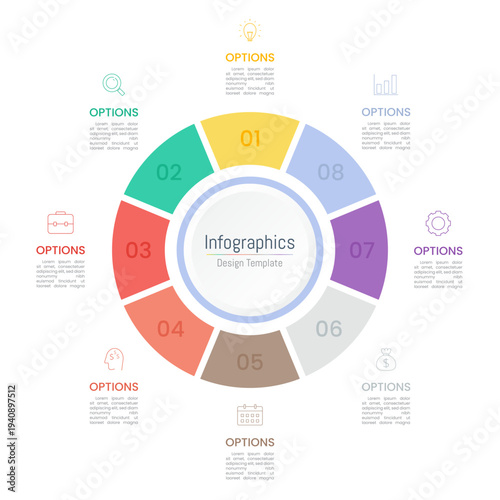 Infographic 8 options design elements for your business data. Vector Illustration.