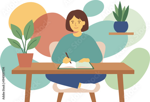 Calm woman illustration focusing on writing and self-care at a desk with potted plants, promoting mental well-being, mindfulness, and productivity in a serene environment