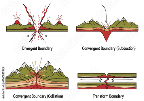 Plate Tectonics: Boundaries Explained. Geological Cross-Sections. Educational Diagram.