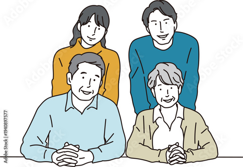 笑顔をむけるアジア人の等身大の家族イラスト