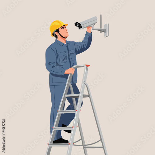 Technician Installing Security Camera. Worker on Ladder. Surveillance System Setup.