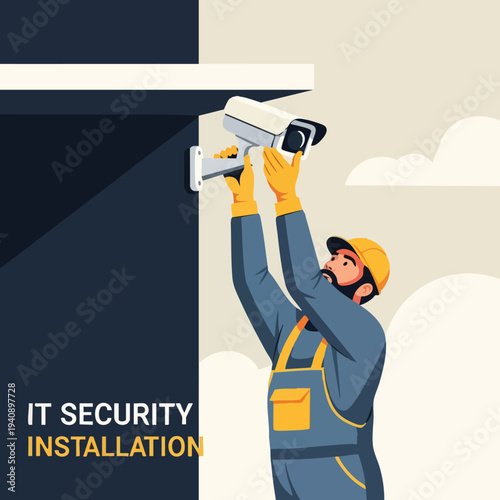 Security camera installation. Technician installing CCTV camera on building exterior.