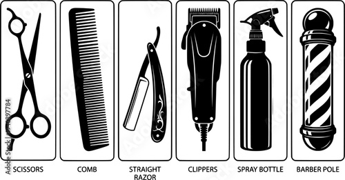 Flat design barbershop tool icon set showing scissors comb straight razor clippers spray bottle and barber pole in collection row