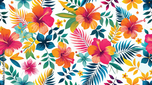 Tropical floral pattern with colorful hibiscus flowers and leaves vector