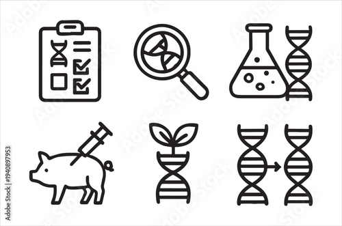 Scientific research icons depicting biology genetics and animal testing