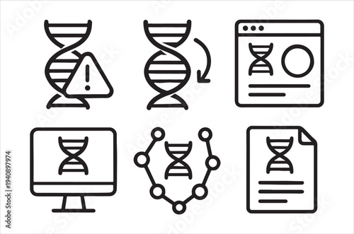 Genetic data icons dna strands screens and warning symbols