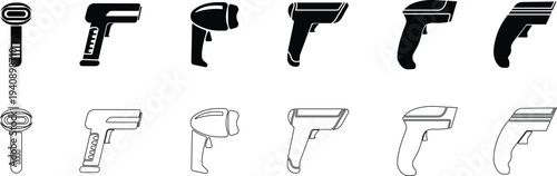 QR code scanner icon set collection group in black flat line style featuring barcode reader, scanning device, digital sensor, POS technology, retail equipment and automation synonym elements for payme