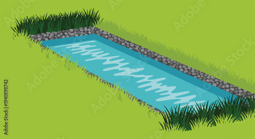 Aerial View of River Delta and Coastline. Top-down view. Stylized illustration. Textured.