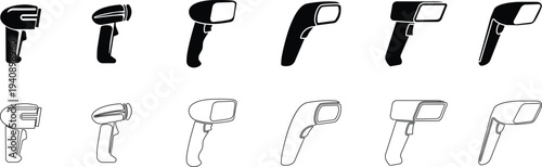 QR code scanner icon set collection group in black flat line style featuring barcode reader, scanning device, digital sensor, POS technology, retail equipment and automation synonym elements for payme