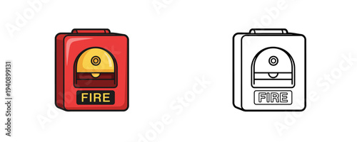 Fire Alarm Station in flat cartoon colorful and linear style with yellow bell and red box for emergency safety and fire alert isolated on white background