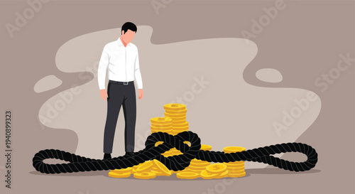 Man Tied by Rope to Money. Financial Crisis.