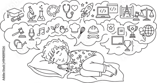 Child Dreaming of Future Career Options and Professions, Kids Ambitions and Aspirations Coloring Page Illustration.