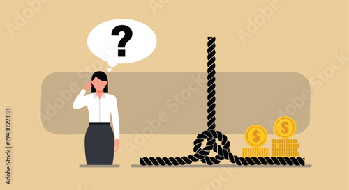 Confused Woman, Financial Problem, Debt Knot, Money Stack