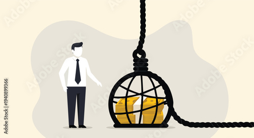 Businessman reaching for money trap. Financial risk, debt, scam concept.