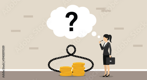 Businesswoman contemplating financial decision with money trap and question mark