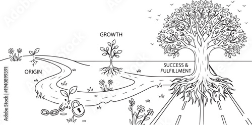 Conceptual Illustration of a Personal Growth Journey from Origin to Success and Fulfillment showing a Path through Development Stages with a Growing Tree, Roots, and Broken Chains