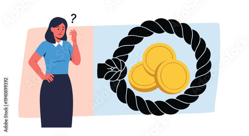 Confused Woman. Financial Trap. Money Symbol. Debt.