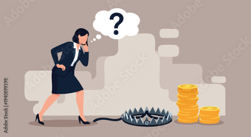 Businesswoman facing financial trap. Money risk, decision.