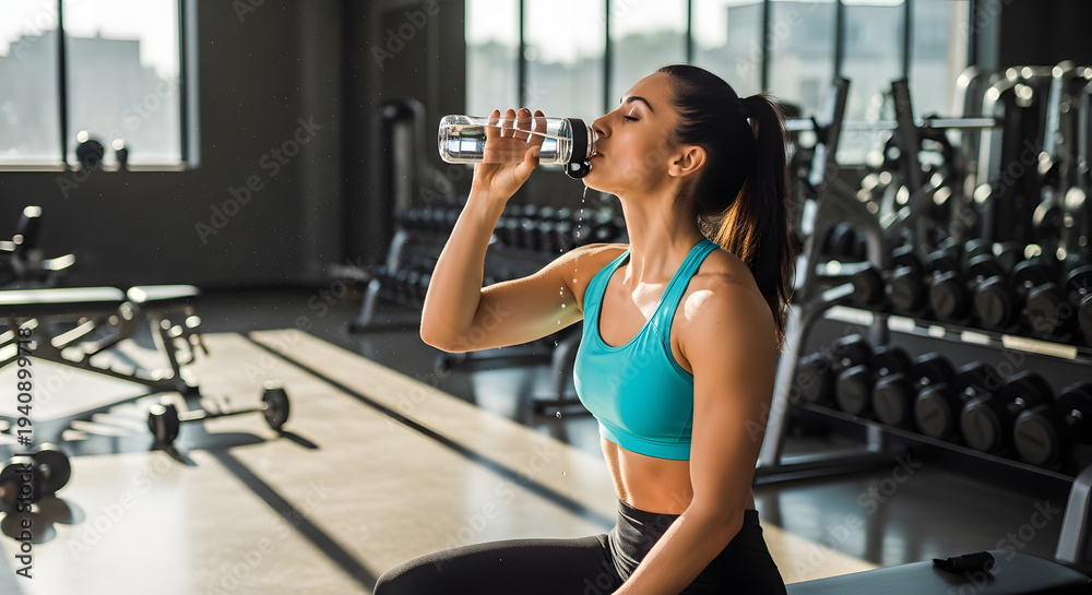 Fototapeta premium Athletic Woman Drinking Water After Gym Workout