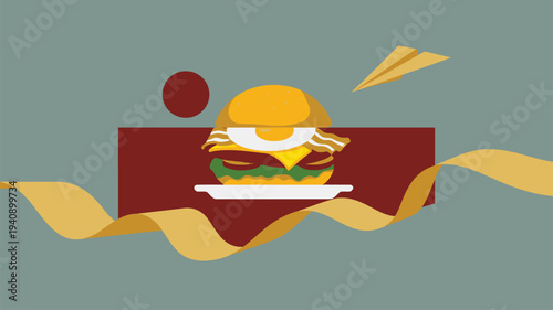 Delicious hamburger with egg bacon flat illustration