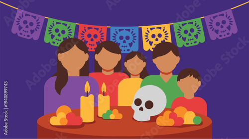 Dia de los Muertos family celebration with skulls candles and papel picado