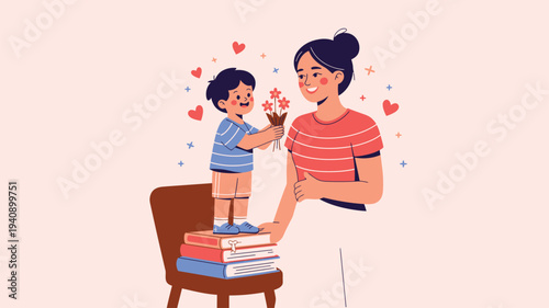 Diverse boy presenting flowers to mother special occasion