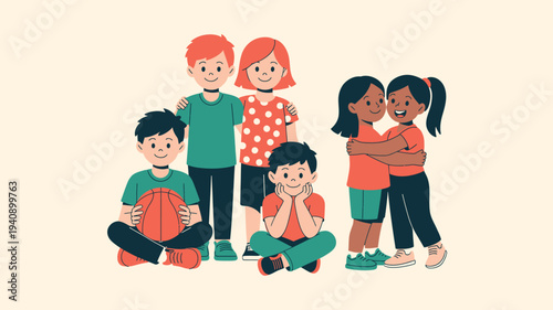 Diverse Children Group Playing Basketball Friendship Illustration