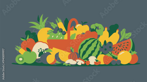 Abundant fresh fruits and vegetables in basket