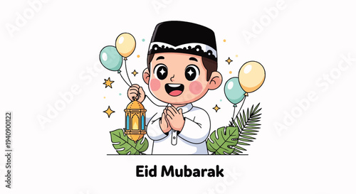 Eid Mubarak Boy Holding Lantern Celebrating Islamic Holiday