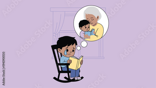 Boy reading book remembering grandmother