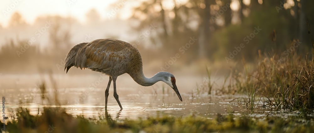 Obraz premium Sandhill crane wading in shallow wetland water during golden hour sunrise, feeding in natural marsh habitat with soft bokeh background.