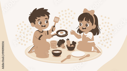 Children playing kitchen, cooking, imaginative role play