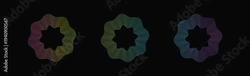 Three shimmering organic shapes with yellow orange and green blue gradient lines on black