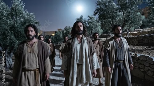 Jesus and Disciples Walking to the Mount of Olives at Night