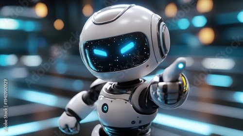 Cute Robot Character Pointing Finger Futuristic Technology.