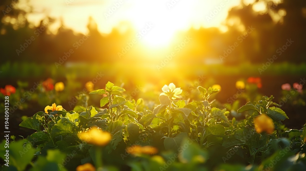 Obraz premium Sunlit garden with blooming flowers and fresh green plants during golden hour sunrise creating warm natural bokeh background for organic farming concepts.