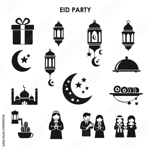 Eid Celebration Icons with Lanterns and Symbols.
