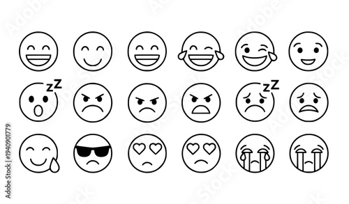 Emoji smile outline icon set with emoticon faces and reaction symbols thin line vector collection
