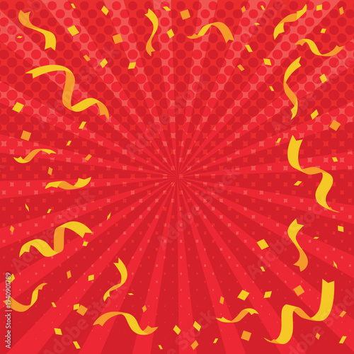 A bright and colorful sunburst background with radial rays, confetti, and light effects, creating a festive and eye‑catching atmosphere for promotions, sales, and advertisements. red