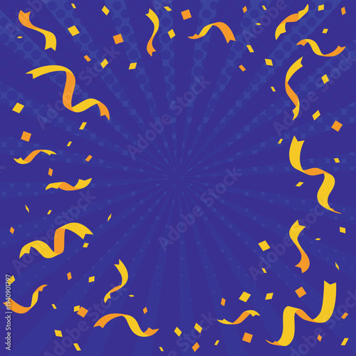A bright and colorful sunburst background with radial rays, confetti, and light effects, creating a festive and eye‑catching atmosphere for promotions, sales, and advertisements. blue
