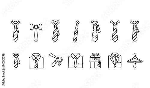 Business tie outline icon set with necktie fashion symbols modern thin line vector pack